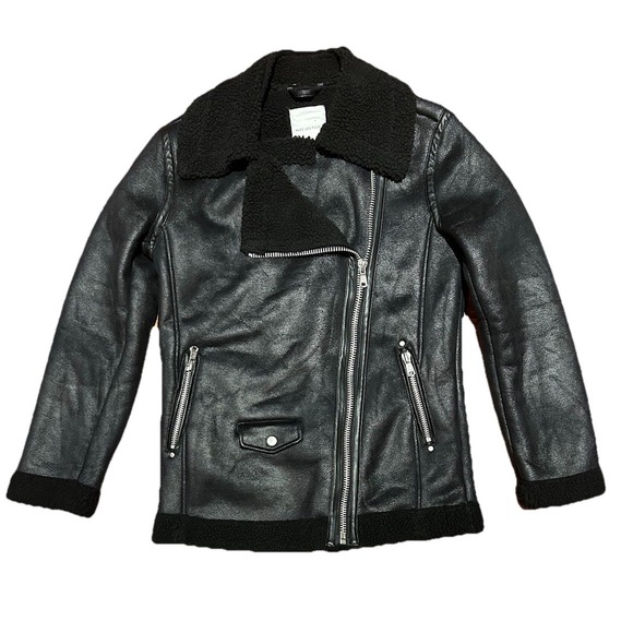 AVEC LES FILLES Shearling Moto Jacket Faux Vegan Leather Oversized Black Sz XS‎ - Picture 5 of 8